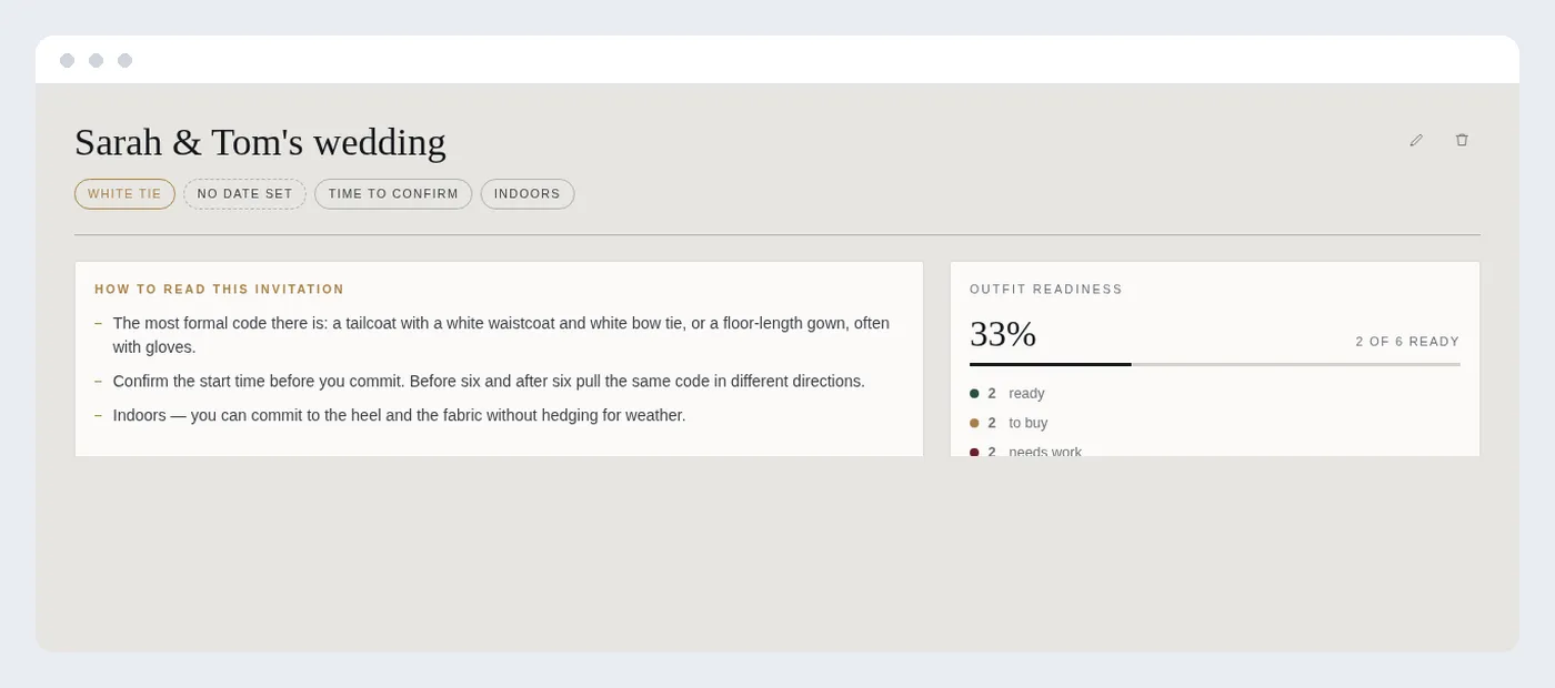 An event outfit planner showing a filled outfit board with six slots and a readiness gauge