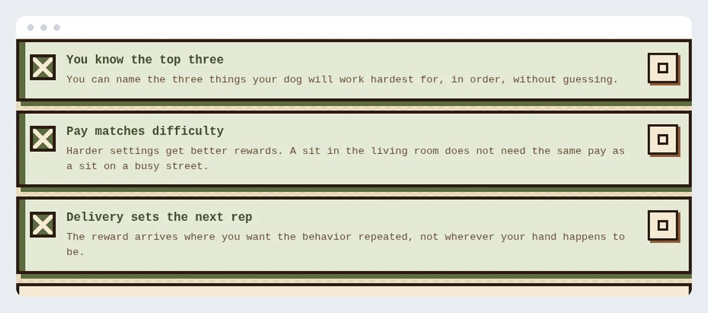 A positive reinforcement checklist showing categories marked in place with an overall percentage
