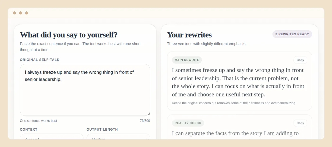The self-talk rewriter turning one harsh sentence into three usable versions