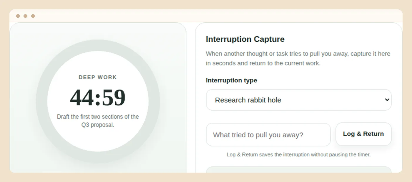 The deep work session timer mid-block with the interruption log open