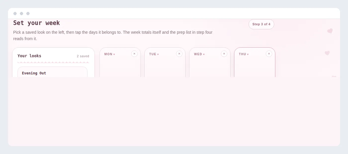 An everyday look planner showing a week of assigned looks and a prep list