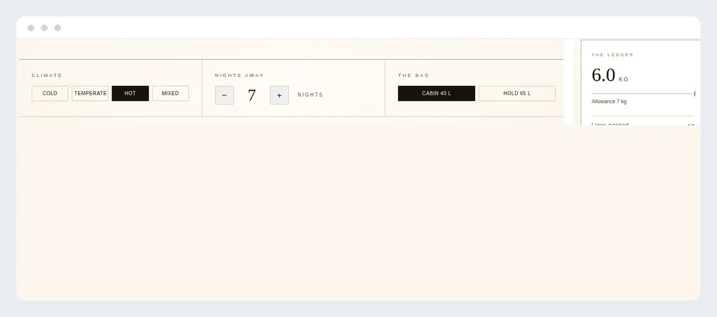 A universal packing checklist showing quantities set for a climate and a weight ledger