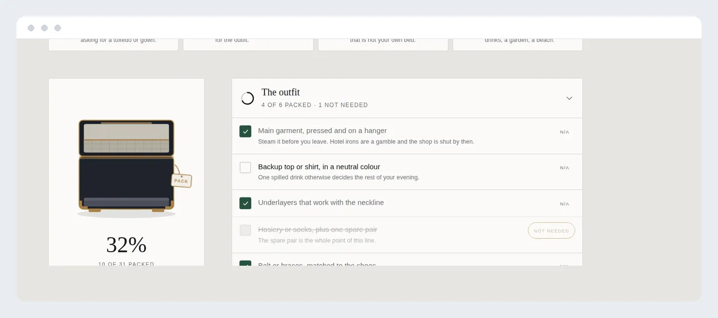An event packing checklist showing a partially filled case and the packed count