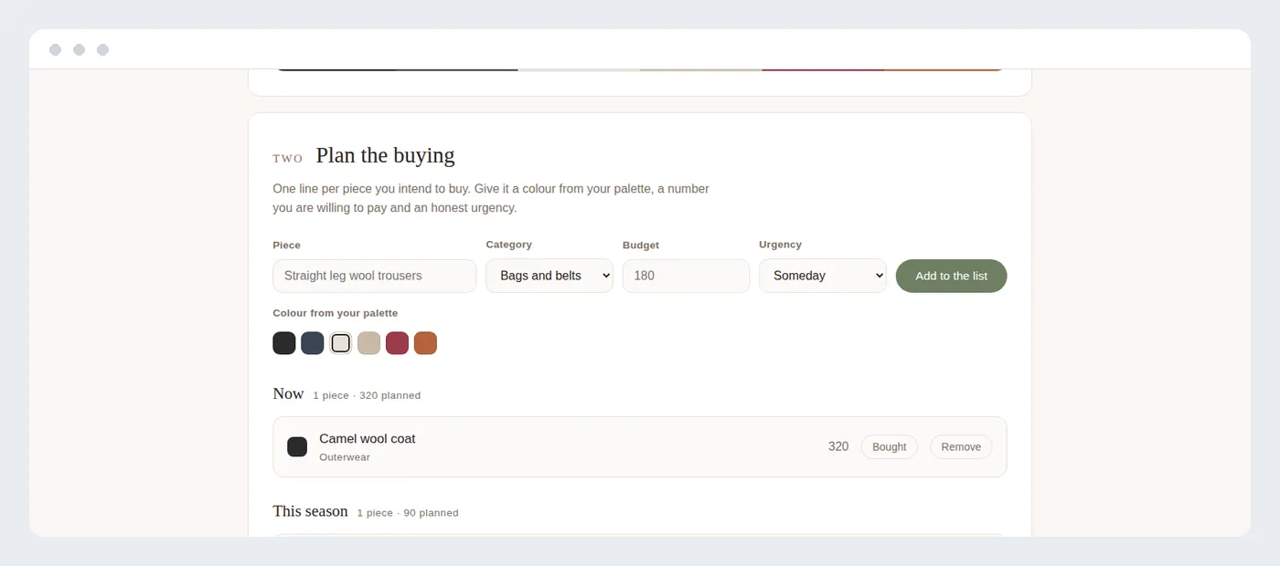 A shopping palette planner showing locked bases, supports and accents with a buying plan