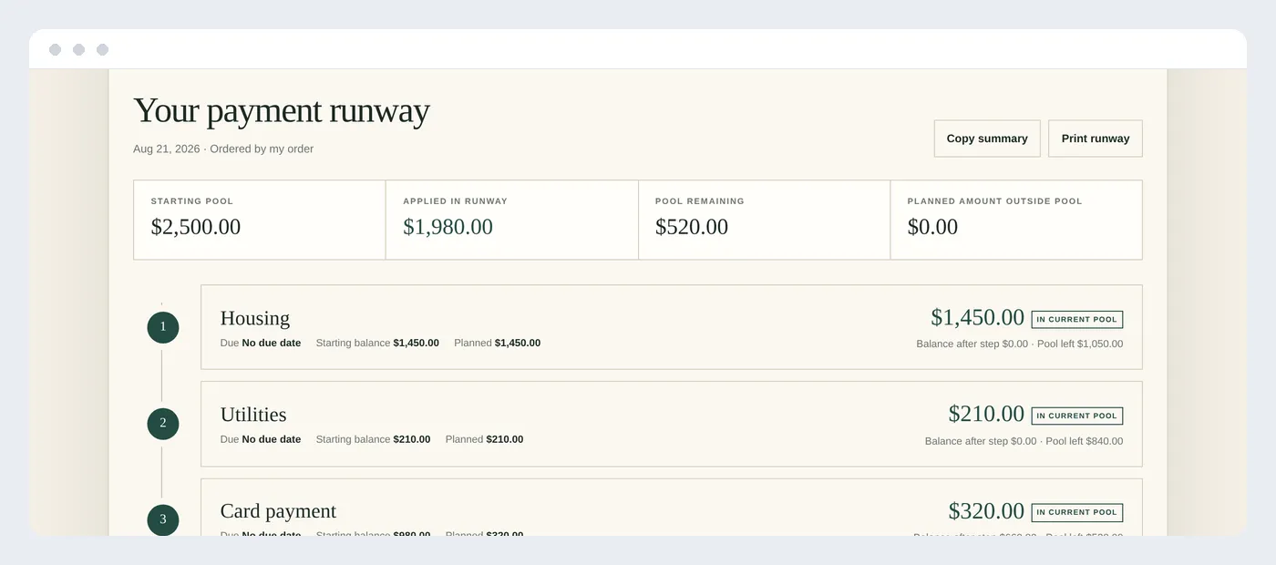 The Balance and Payment Order Calculator showing a completed payment runway with three steps and pool remaining
