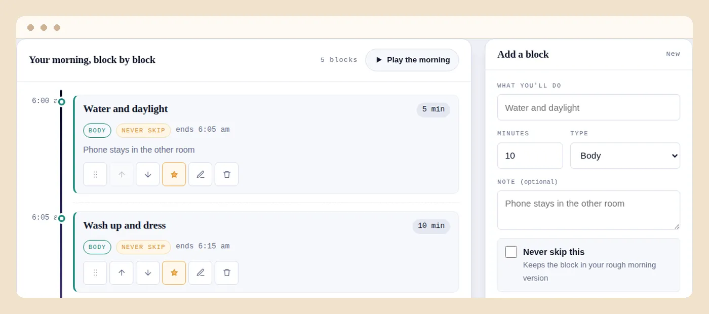 The routine blueprint builder showing a timed sequence of blocks with a balance bar and a good-fit verdict