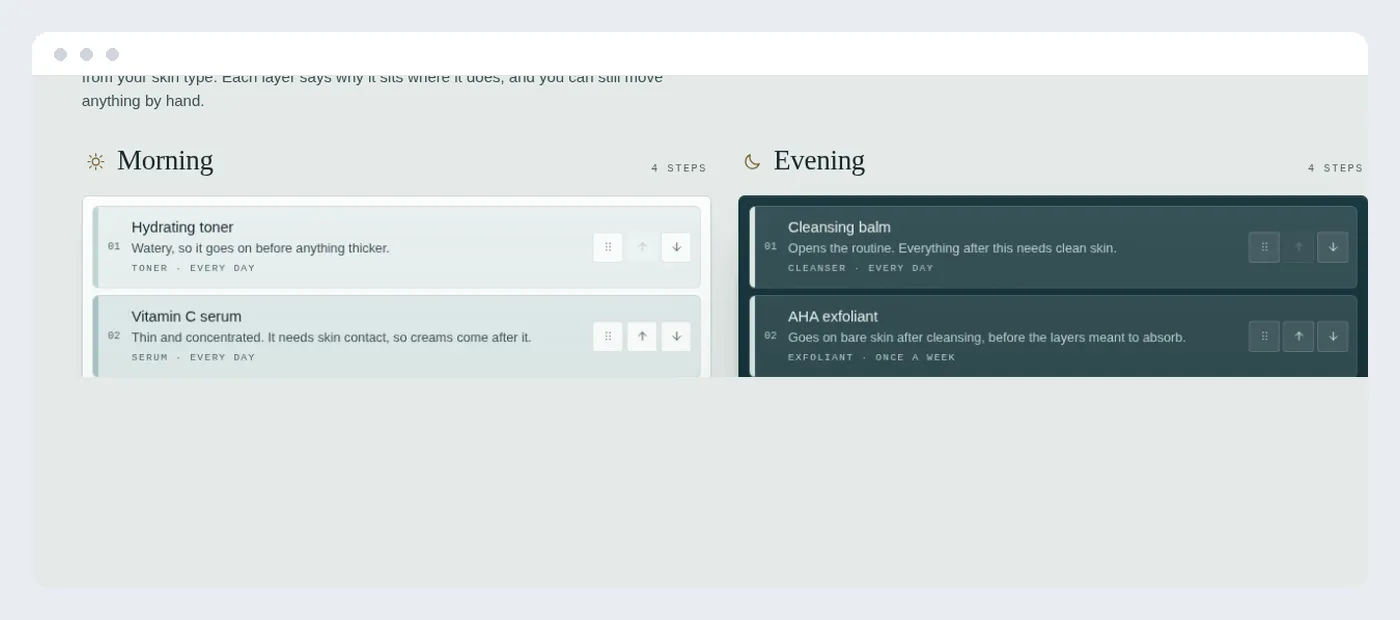A routine builder studio showing a finished morning and evening sequence
