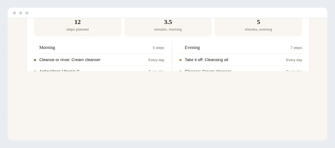A decade routine planner showing a finished routine card with morning and evening steps