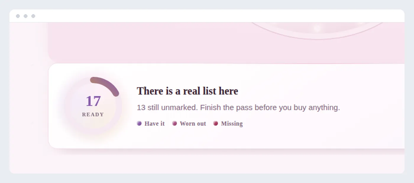 A brush and tool checklist showing a completion ring and a wash-and-replace list
