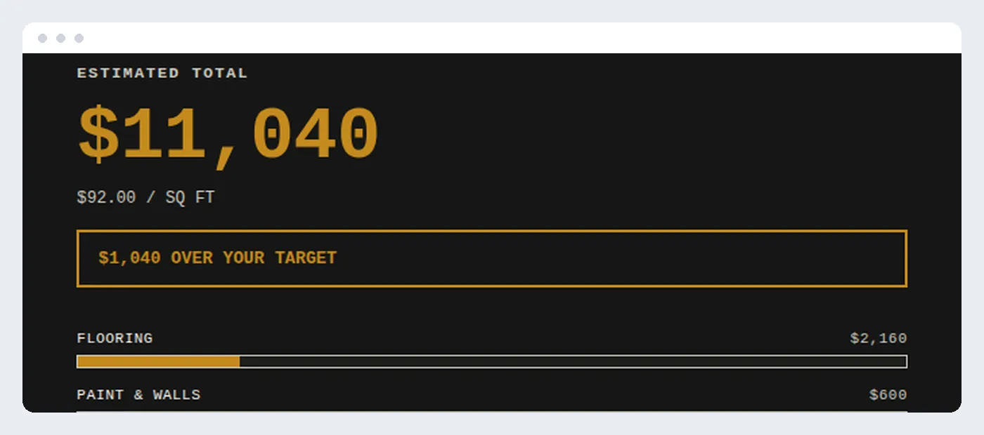 A renovation budget calculator showing category sliders and an estimated total