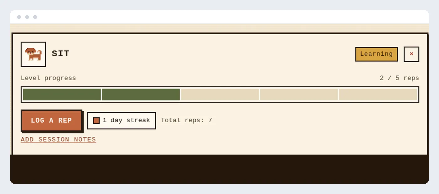 A command progress tracker showing commands leveling from Novice toward Mastered