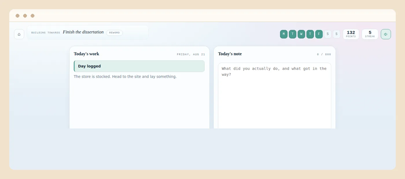 The weekly consistency tracker showing a small house partly built from logged days