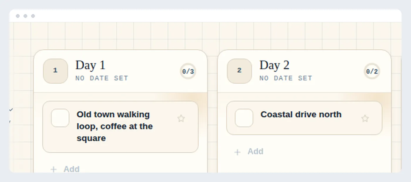 A day-by-day planner showing a plain trip board with entries and beds marked