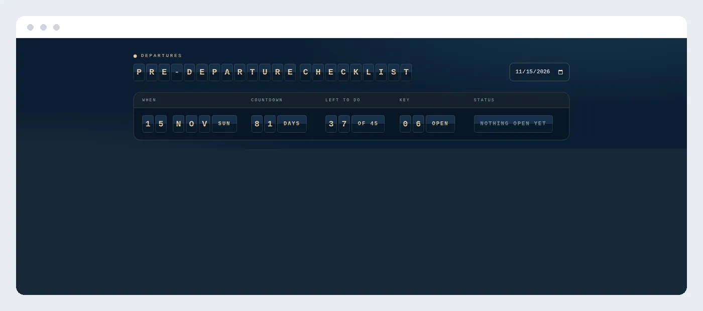 A pre-departure checklist showing a countdown and a percentage of items ready