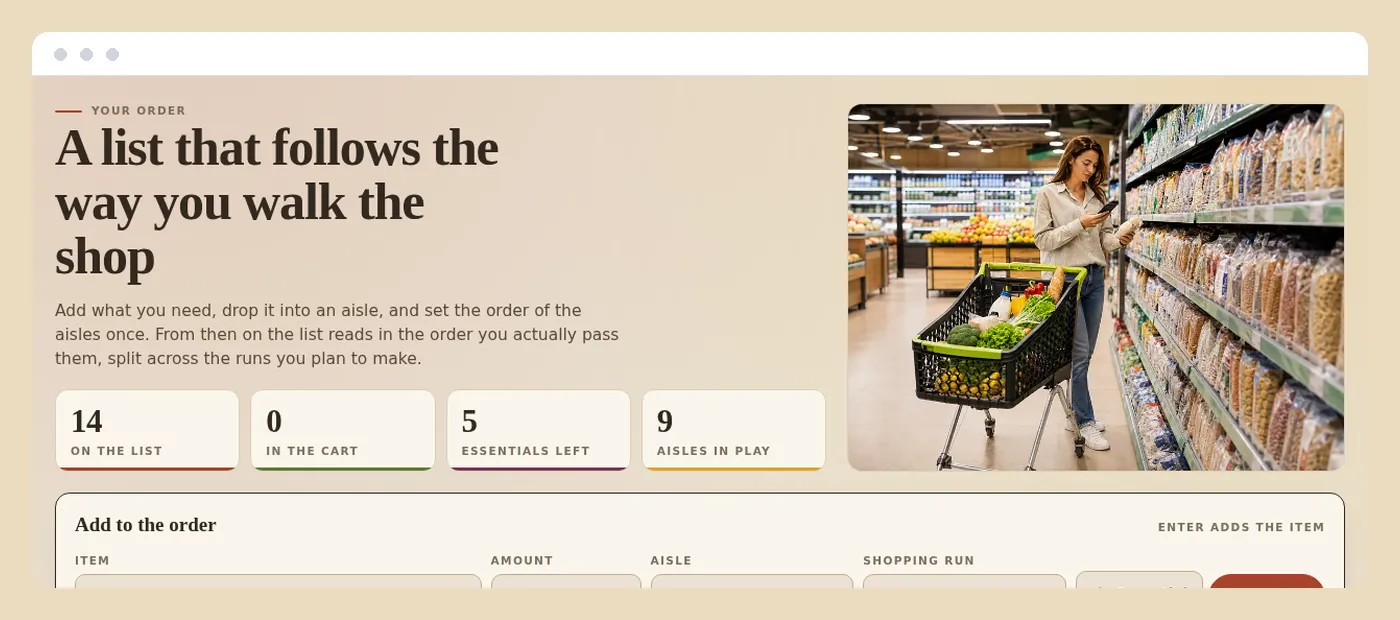 A routed grocery order with items grouped by aisle and split across two shopping runs