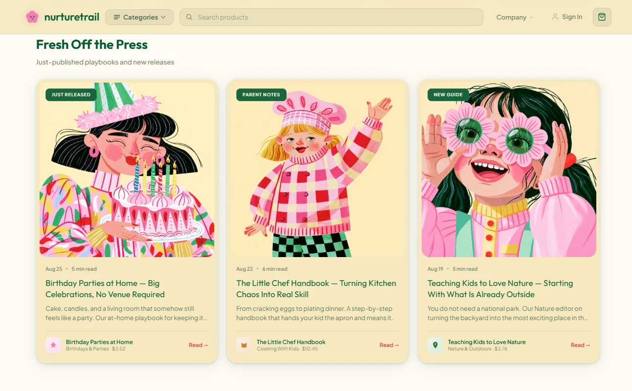 Fresh Off the Press section of the gentle parenting store design